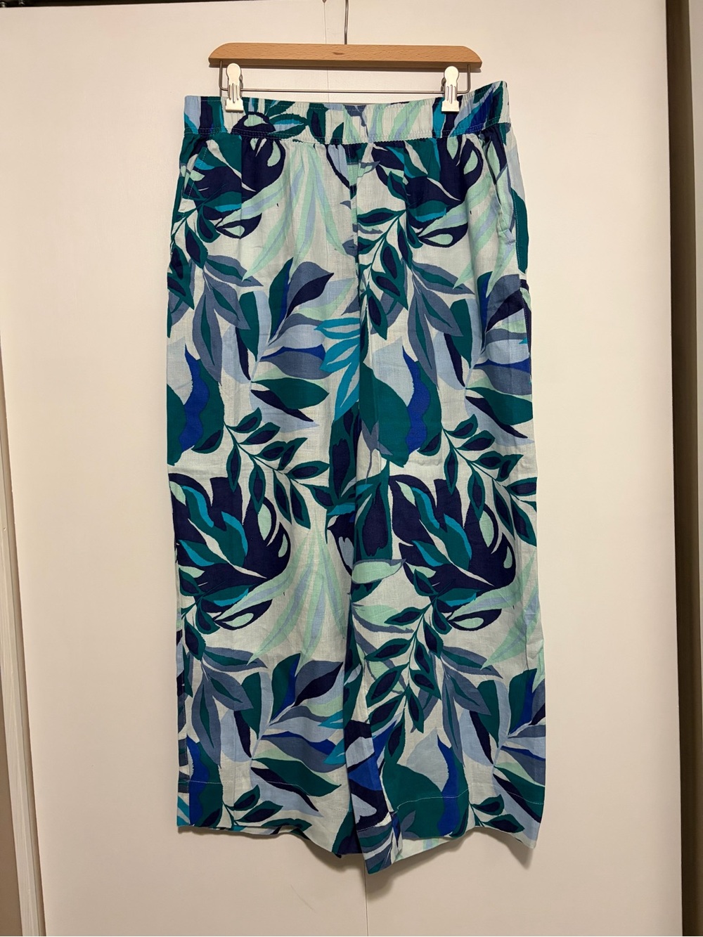 Women's Beach Linen Blue Teal Leaf-Print Wide Leg Pants